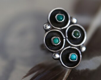 Zuni Shadowbox Turquoise Ring | Early Fred Harvey Era Old Pawn Silver | Snake Eye Statement | Vintage Southwest Collector Jewelry