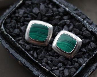 Vintage Navajo Malachite Modernist Stud Earrings Large Sterling Silver Southwestern Native American Malachite Rectangular Post Earrings