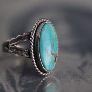 Vintage Turquoise Ring | Fred Harvey Era Jewelry | Royston Old Pawn Navajo Silver | Arrow Band Southwest Boho Statement Ring
