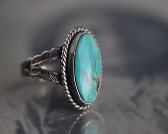 Vintage Turquoise Ring | Fred Harvey Era Jewelry | Royston Old Pawn Navajo Silver | Arrow Band Southwest Boho Statement Ring
