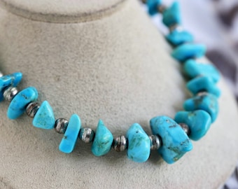 Vintage Navajo pearl Turquoise Nugget choker Southwestern Sterling Silver natural Turquoise nugget native american Bench Bead Necklace