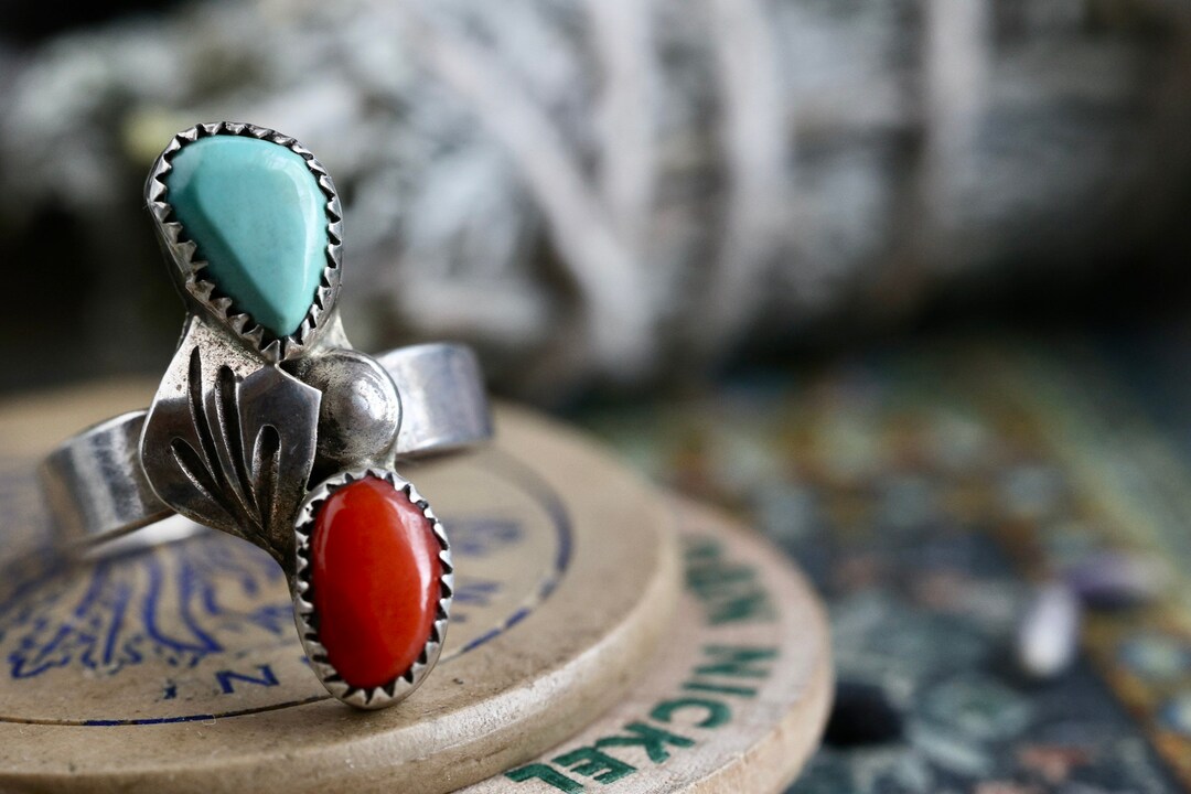 Vintage Navajo Turquoise + Coral Ring Native American Sterling Silver ...