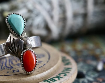 Vintage Navajo Turquoise + Coral Ring Native American Sterling Silver double stone turquoise and red coral feather Ring southwestern Sz 4.5