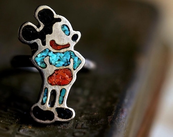 Rare zunitoons vintage Mickey Mouse inlay ring  Native American turquoise and coral inlay Disney Mickey Mouse navajo ring old pawn ring sz 7