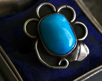 Beautiful Old Pawn Vintage Navajo Brilliant Blue Morenci Turquoise Sterling Silver Split Shank Flower Ring Sz 6.75