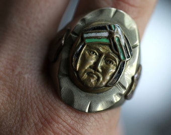 Mexican Biker Ring Vintage 1940s Mexico Souvenir Ring Heavy Aztec Warrior Mayan Chief momento Mori mexico sultan turban enamel biker ring