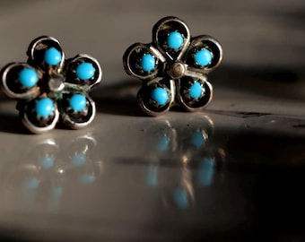 Vintage Zuni Earrings | Snake Eye Turquoise & Flower Cluster | Sterling Silver Studs | Native American Petit Point Jewelry | Turquoise Studs