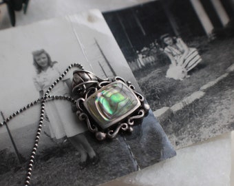 Vintage Bohemian Abalone Sterling Silver Rainbow Abalone Shell Pendant on 16” Sterling Chain Necklace