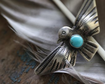 Old Pawn Navajo Thunderbird Brooch | Early Fred Harvey Era | Hand Stamped Sterling & Turquoise Pin | Antique Native Silver Jewelry
