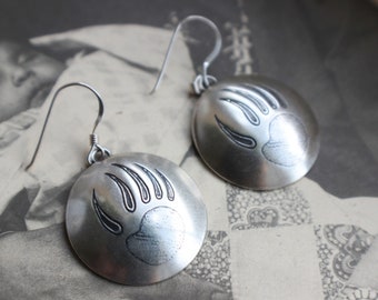 Vintage Large Navajo Hand Stamped Bear Paw Concho Earrings Sterling Silver Native American Concho Southwestern Dangle Earrings