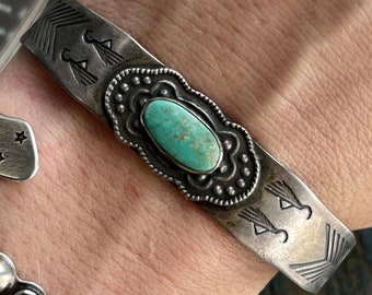 Vintage Old Pawn Fred Harvey Era Turquoise Stamped cuff early Navajo Cerillos turquoise unisex Native American 1930s silver Turquoise Cuff