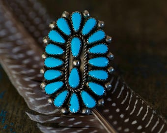 Huge Vintage Navajo Turquoise Cluster Ring | Sterling Silver Petit Point Statement | Old Pawn Southwest Jewelry Size 10 | Sleeping Beauty