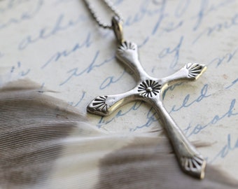 Vintage Navajo Cross pendant necklace Native American Sterling Silver Navajo Hand Stamped Southwestern Cross Pendant Necklace