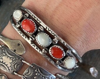 Vintage Navajo Coral & Mother of Pearl Cuff | Sterling Silver Row Bracelet | Hand Stamped Southwest Jewelry | Twisted Rope Design | stacker