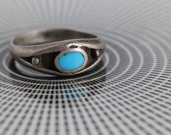 Vintage Navajo Turquoise Inlay Ring Early Old Pawn Native American Flush inlay turquoise Sterling Silver Turquoise Shadowbox ring sz 7