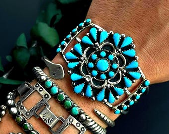 Vintage Zuni Petit Point Turquoise Flower Cluster Cuff Bracelet Southwestern Native American Turquoise Cluster Cuff Sterling Silver Bracelet