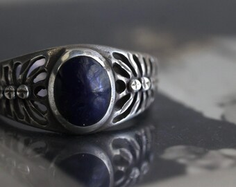 Vintage Sterling Mid Century Lattice band Lapis Ring Southwestern Sterling Silver Art Deco lattice band Blue lapis azuli Ring Sz 4