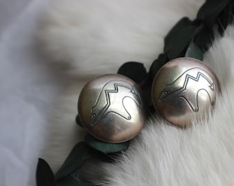 Vintage Navajo Spirit Line Bear Hand Stamped Sterling Silver Concho Post Earrings Native American Southwestern Bear Concho earrings
