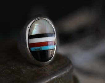 Old Pawn Heavy Zuni Mosaic inlay multi stone ring Native American turquoise Vintage Multi color Mens Sterling Silver Inlay heavy unisex ring