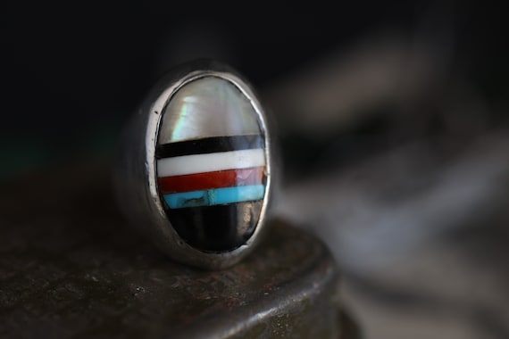 Old Pawn Heavy Zuni Mosaic inlay multi stone ring… - image 1