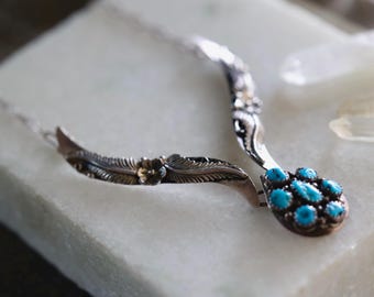 Vintage Navajo Turquoise Teardrop Bib Necklace | Sterling Silver Feather & Blossom Appliqué | Kingman Cluster Pendant | Southwest Boho 25”