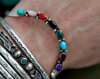 Vintage Navajo Multi Color Stone Cuff Bracelet Hand Stamped Sterling Silver Native American Southwestern Snake Eye Gemstone Bracelet