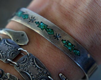 Vintage Navajo Turquoise Chip Inlay cuff Sterling Silver Southwestern Hand Stamped turquoise inlay Native American Gene Gibson Cuff Bracelet