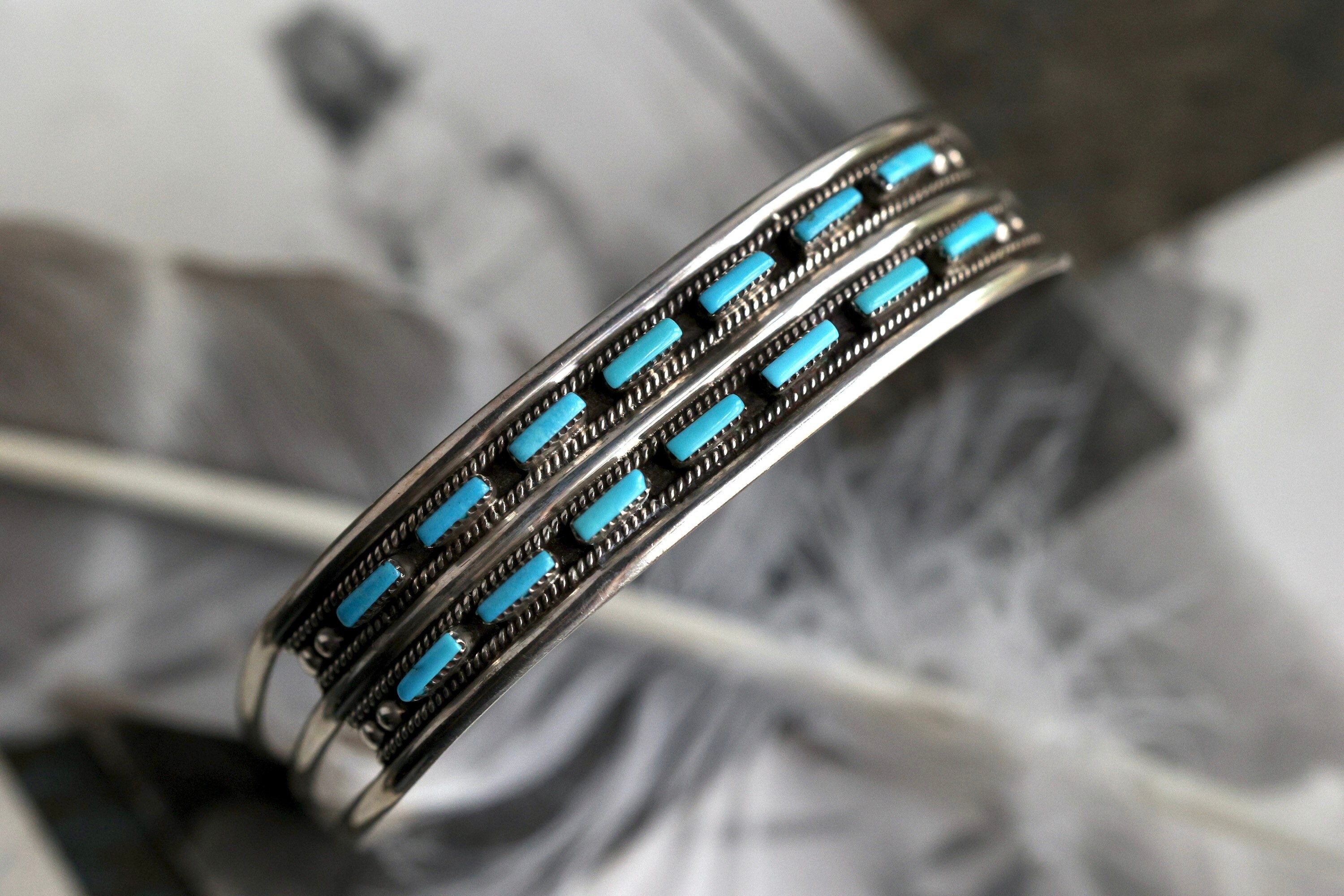 Vintage Zuni Needlepoint Turquoise Double Row Cuff Sterling Silver