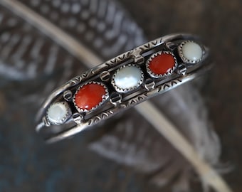 Vintage Navajo Coral & Mother of Pearl Cuff | Sterling Silver Row Bracelet | Hand Stamped Southwest Jewelry | Twisted Rope Design | stacker