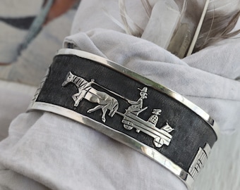 Vintage Storyteller Native American Overlay Navajo Sterling Silver Wide Southwestern Mens Heavy Cuff Unisex Bracelet