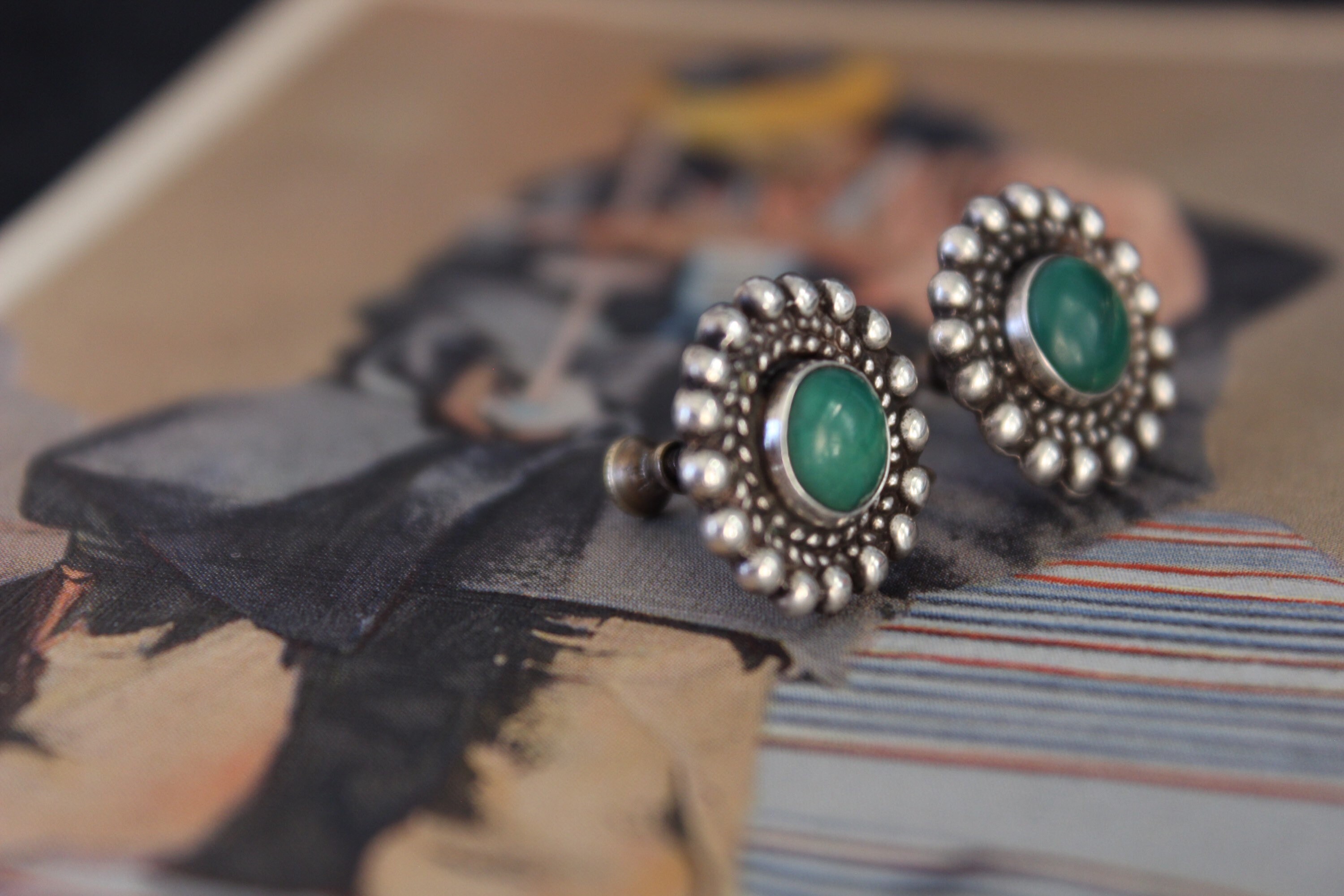 Beautiful Vintage Old Pawn Silver Beaded Sterling Silver Green