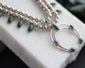 Vintage Navajo Squash Blossom Necklace green malachite Native American squash blossom Necklace malachite squash blossom