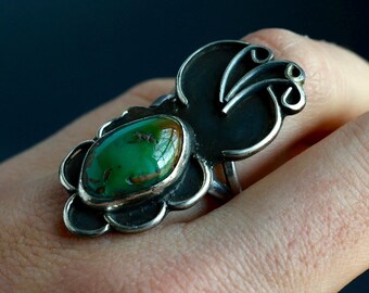 Vintage Navajo Royston Turquoise Ring Large Southwestern Early Native American Elongated Sterling Silver Turquoise Flower Ring Sz 6.5