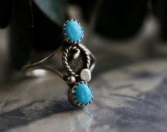 Vintage Navajo Turquoise Double stone Ring Native American Sterling Silver Turquoise Ring old pawn turquoise southwestern ring sz 6.75