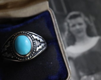 Vtg Old Pawn Turquoise Ring Vintage Southwestern Cast southwestern Turquoise Ring Sterling Silver  Turquoise unisex Cigar Band Ring Sz 10.75