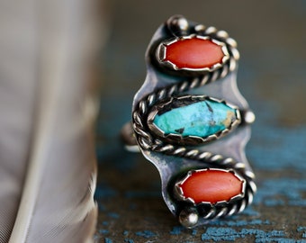 Vintage HUGE Navajo Sterling Silver Turquoise + Coral Stoplight Ring Old pawn Native American turquoise coral large unisex ring Sz 9.5