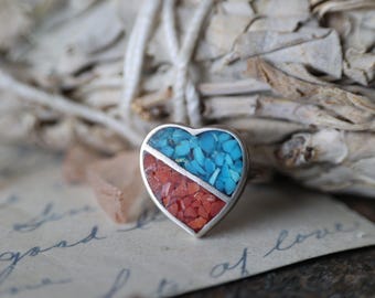 Vintage Navajo Turquoise Coral Heart Ring Sterling Silver Inlay Pinky Ring Size 4 Southwestern Native American Jewelry Valentines Gift Ring