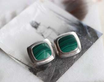 Vintage Navajo Malachite Modernist Stud Earrings Large Sterling Silver Southwestern Native American Malachite Rectangular Post Earrings