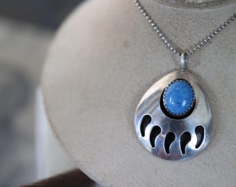 Vintage Navajo Necklace | Sterling Silver Bear Paw Pendant | Shadowbox Design | Denim Lapis Cabochon | Native American Southwest Jewelry