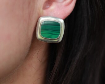 Vintage Navajo Malachite Modernist Stud Earrings Large Sterling Silver Southwestern Native American Malachite Rectangular Post Earrings