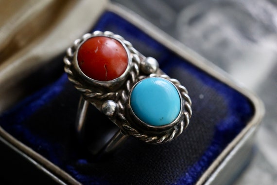 Old Pawn Navajo Turquoise Coral ring Double stone… - image 5