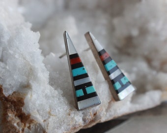 Vintage multicolor Zuni Multi Stone Inlay Earrings Native American Sterling Silver Multi Stone Mosaic Triangular Modernist Post Earrings
