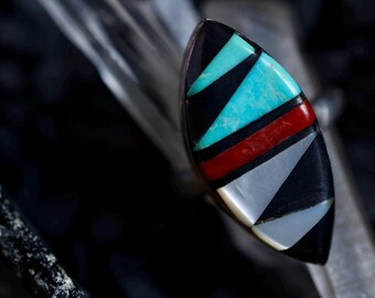 Vintage Zuni Multistone inlay ring Sterling Silver mosaic inlay ring  Native American Southwestern Zuni Multi-Stone Ring multicolored ring
