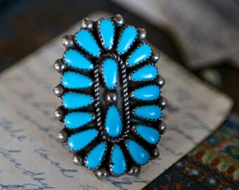 Huge Vintage Navajo Turquoise Cluster Ring | Sterling Silver Petit Point Statement | Old Pawn Southwest Jewelry Size 10 | Sleeping Beauty