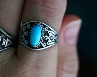 Old Pawn Navajo Sterling Silver Cigar Band Ring with Turquoise Cabochon & Thunderbird Stamp | Fred Harvey Era Vintage Southwest Size 8.25