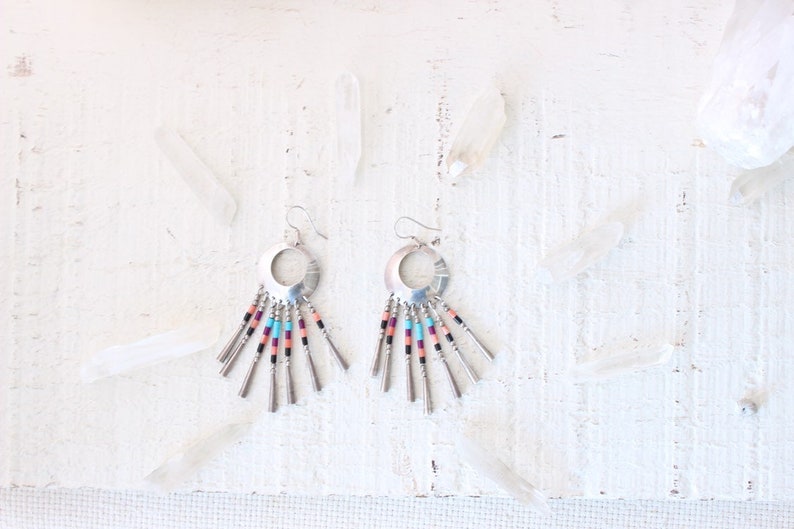 Huge Vintage Native American Sterling Silver Navajo Multi-stone Fringe Concho Dangle Southwestern Earrings