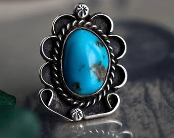 Vintage Navajo Turquoise Ring Kingman Turquoise Silver beaded Ring Large Sterling Silver Turquoise Ring Native American Turquoise Ring 6.5
