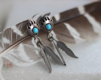 Vintage Navajo Turquoise Shadowbox Bear paw Feather Dangle Earrings Southwestern Sterling Silver Snake Eye Turquoise Bear Dangle Earrings