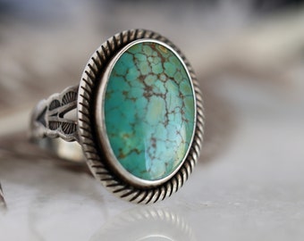 Fred Harvey Era Turquoise Ring Old Pawn Native American vintage Turquoise Ring sterling number #8 mine Arrow stamped Ring Sz 5
