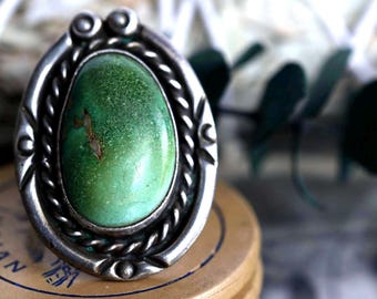 Early Vintage Navajo Huge Nevada Green Cerillos Turquoise Ring Sterling Silver Large Native American Greasy Green Turquoise Ring Sz 7